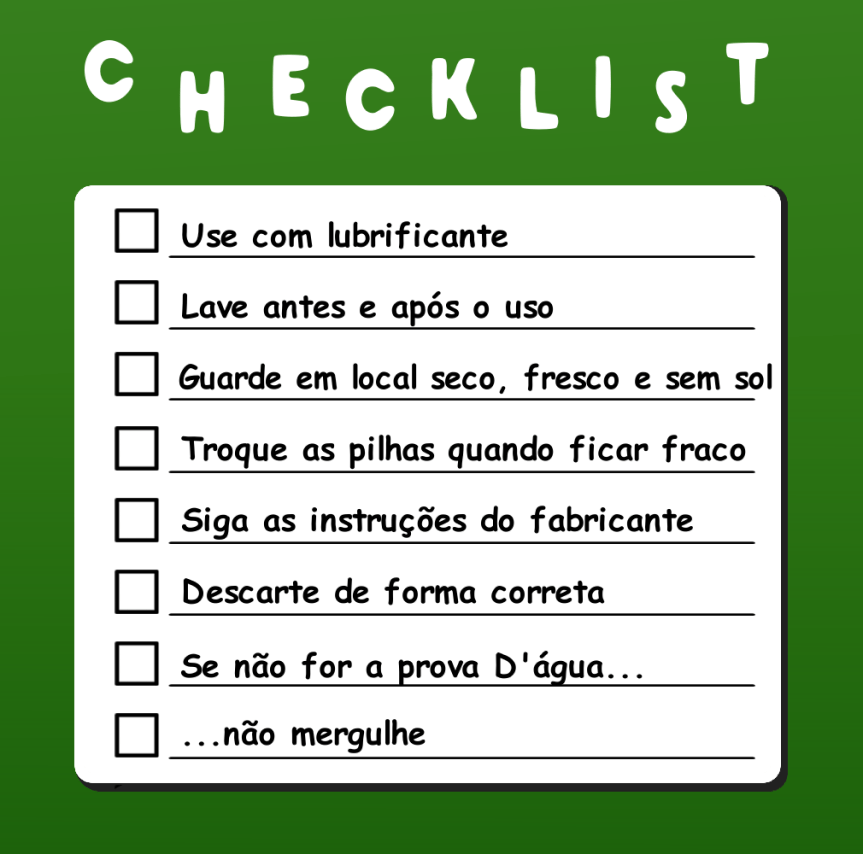Uma tabela de checklist de cor verde com instrucoes de como manter, limpar e preservar um sextoy