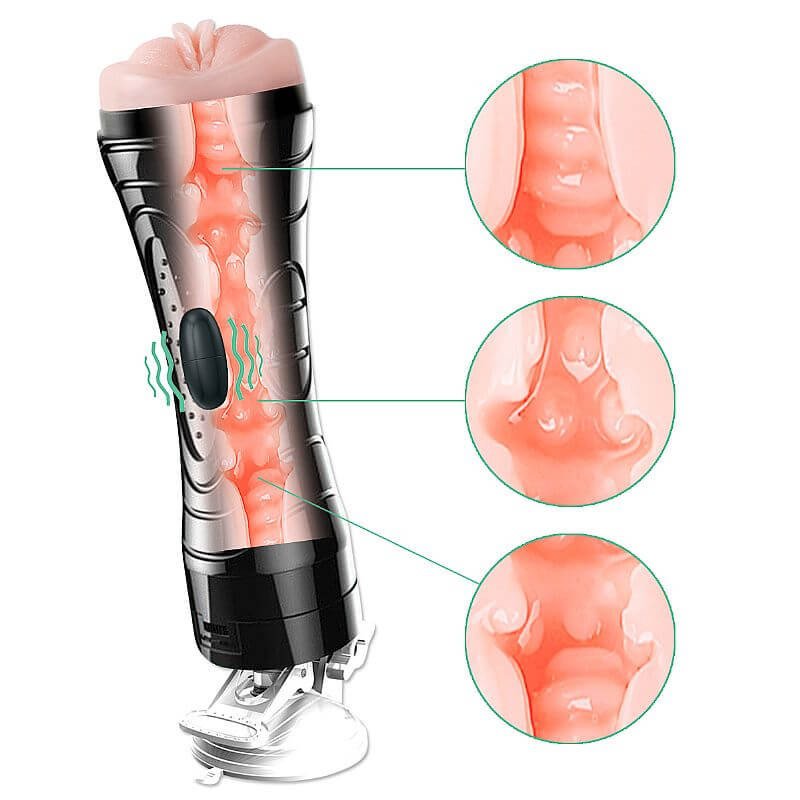imagem estrutura interna Estimulador Peniano Lanterna Masturbação Com Vibração e Ventosa. Masturbador Bocal Vagina