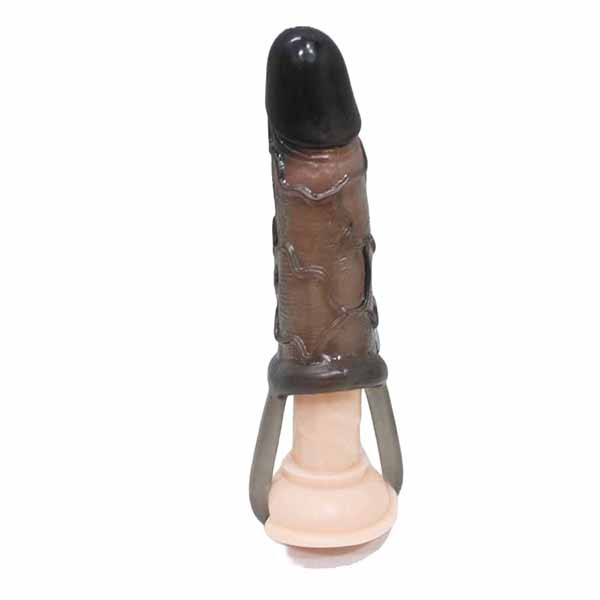 pênis de borracha fino vestido com capa peniana preta de silicone com anel testicular