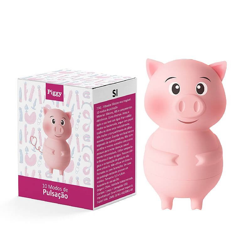 imagem vibrador piggy recarregável rosa ao lado da caixa de embalagem