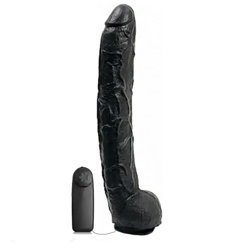Imagem de pênis de borracha gigante com ventosa e vibração medindo 40cm por 6cm na cor preta